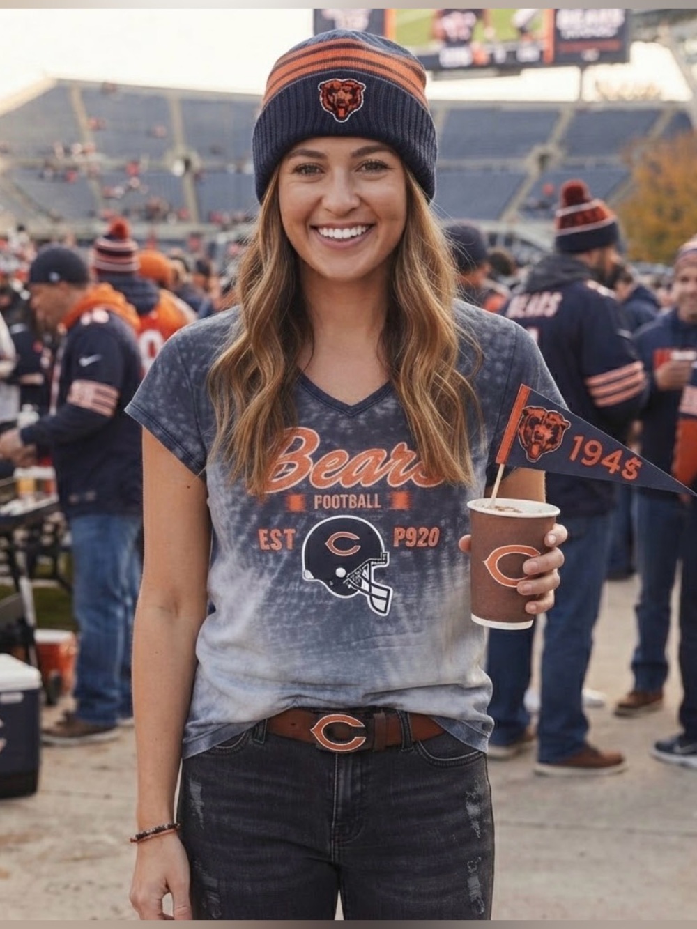 Bears Football Graphic V-Neck Tee - Navy & Orange XL